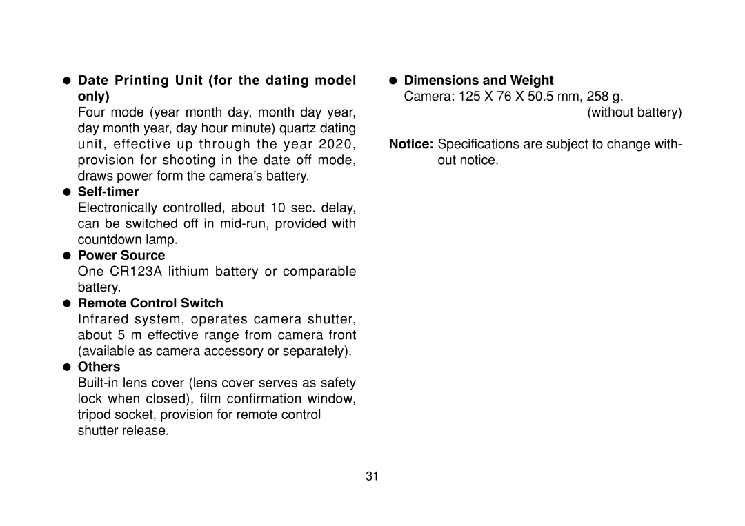 FujiFilm DL-290S owner manual Self-timer, Power Source, Remote Control Switch, Others 