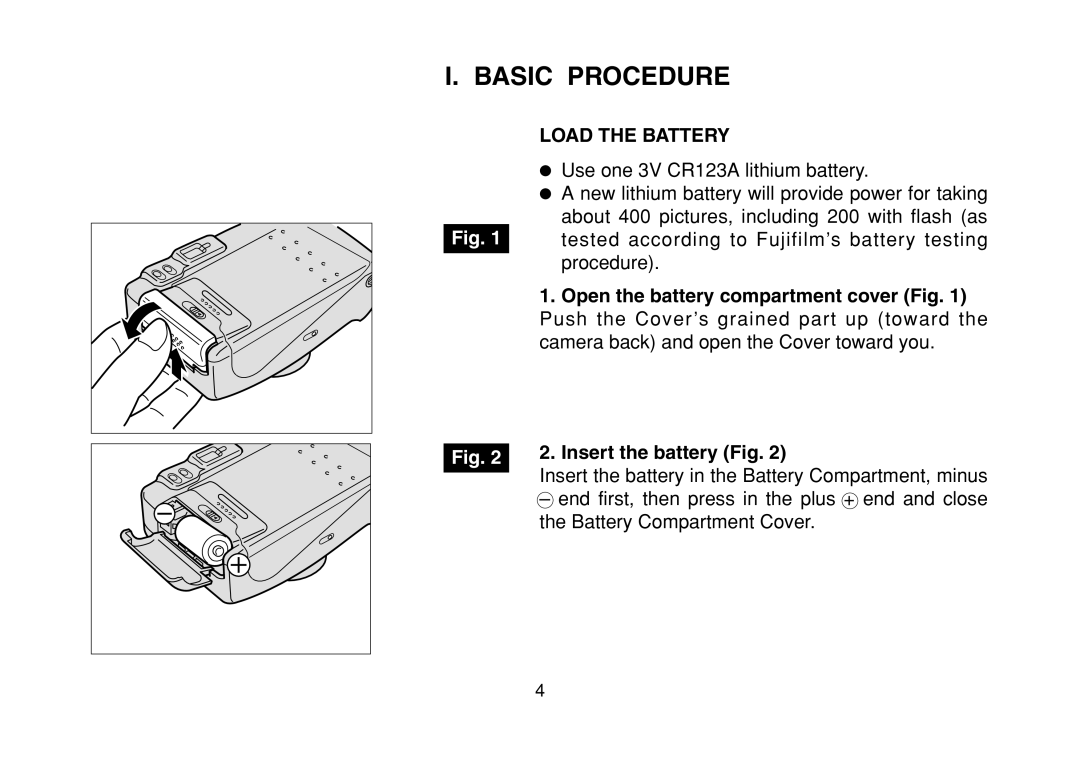 FujiFilm DL-290S owner manual Basic Procedure, Open the battery compartment cover Fig, Insert the battery Fig 