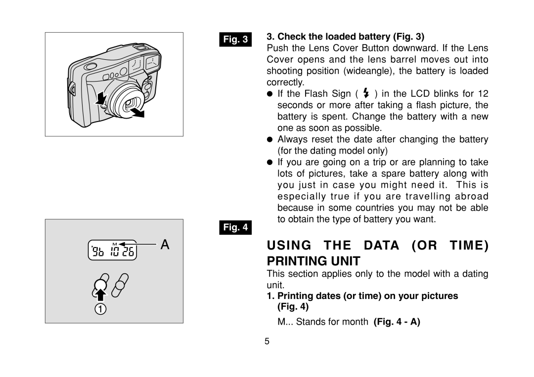 FujiFilm DL-290S owner manual Using the Data or Time Printing Unit, Check the loaded battery Fig 