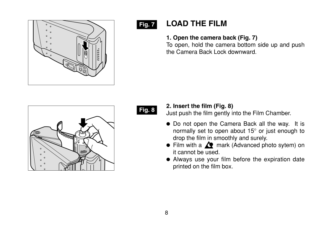 FujiFilm DL-290S owner manual Open the camera back Fig, Insert the film Fig 