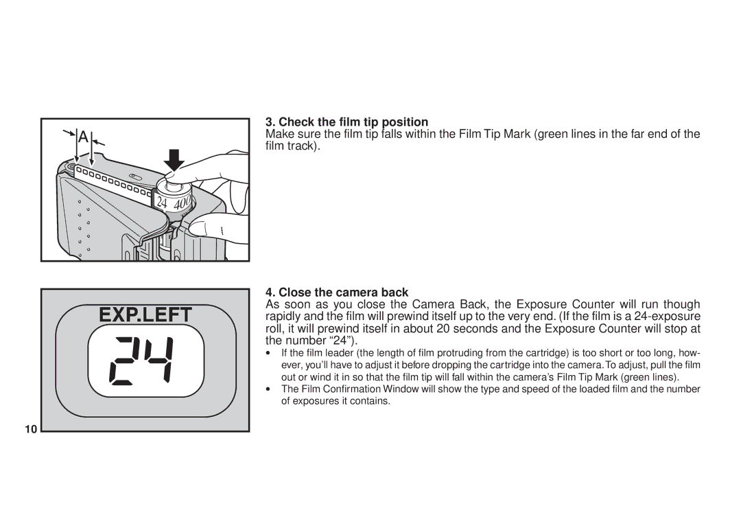 FujiFilm DL270 owner manual Check the film tip position, Close the camera back 