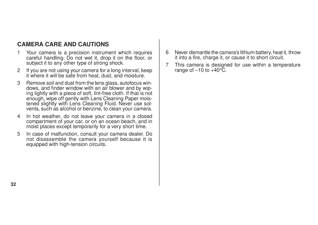 FujiFilm DL270 owner manual Camera Care and Cautions 