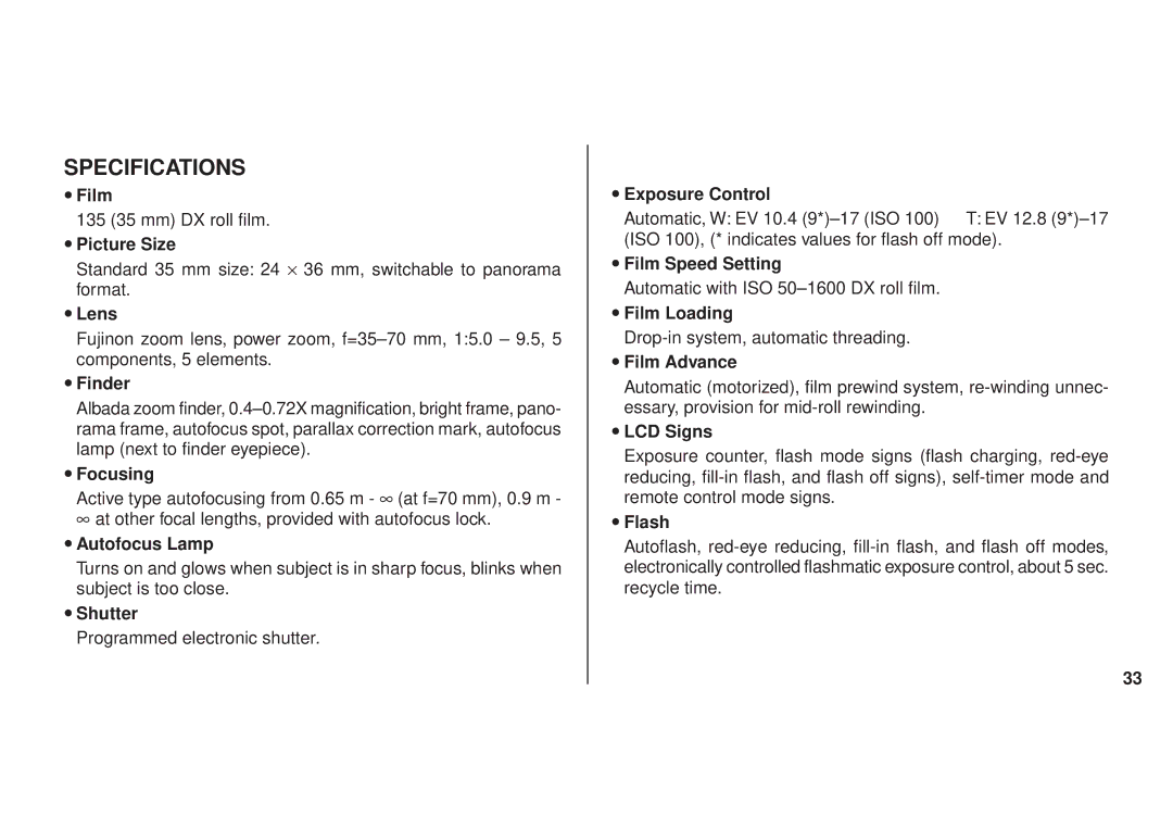 FujiFilm DL270 owner manual Specifications, Finder 