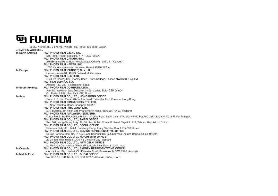 FujiFilm DL270 owner manual Fujifilm Abroad 