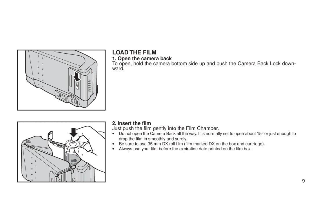 FujiFilm DL270 owner manual Load the Film, Open the camera back, Insert the film 