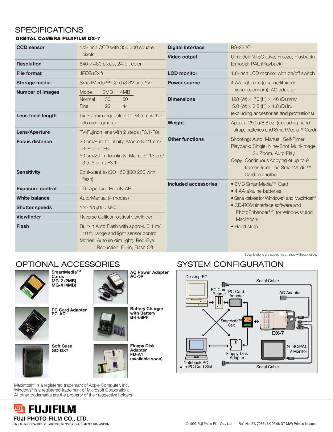 FujiFilm DX 7 manual CCD sensor, Resolution, File format, Storage media, Number of images, Lens focal length, Lens/Aperture 