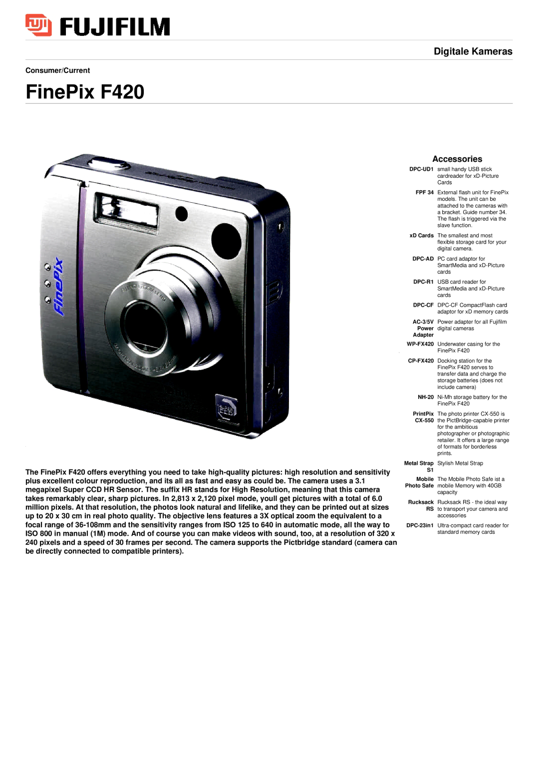 FujiFilm manual FinePix F420, Accessories, Adapter 