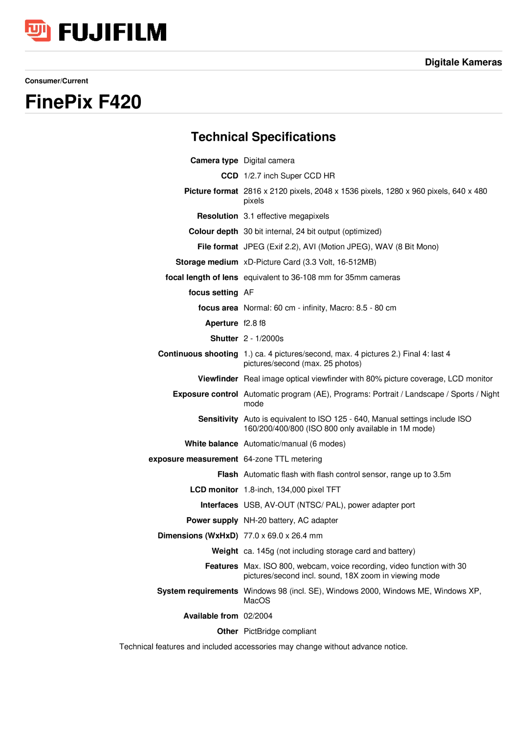 FujiFilm F420 manual Technical Specifications, Ccd 