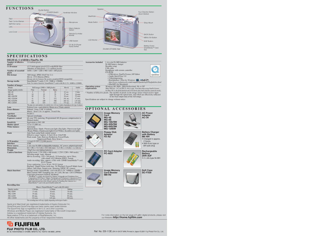 FujiFilm FinePix 30i Number of effective, Pixels CCD sensor, Pixels File format, Storage media, Number of images, Lens 