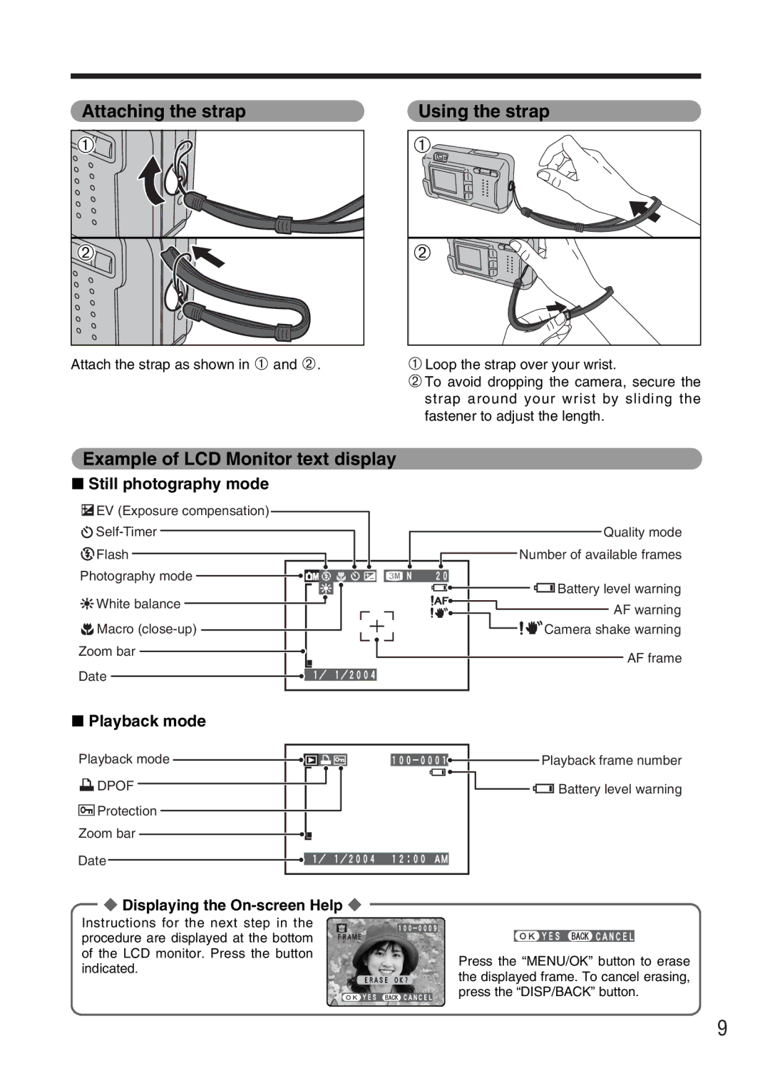 FujiFilm FinePix A340, FinePix A330 owner manual Attaching the strap, Using the strap, Example of LCD Monitor text display 