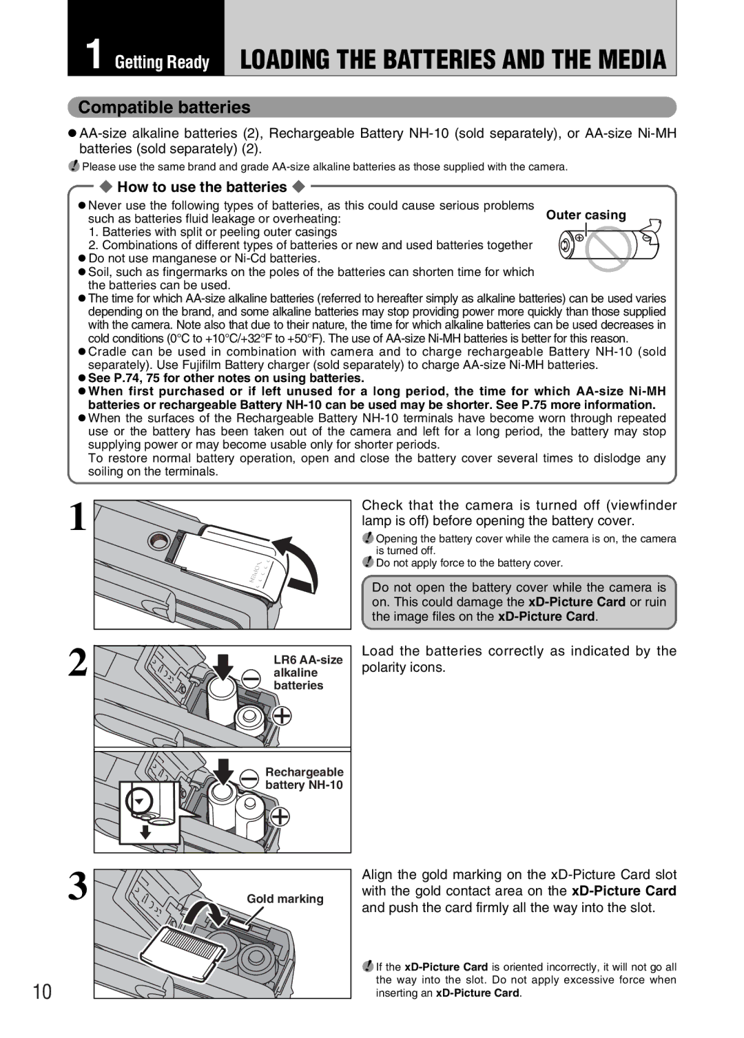 FujiFilm FinePix A330 Compatible batteries, How to use the batteries, HSee P.74, 75 for other notes on using batteries 