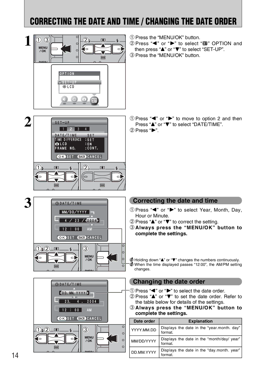 FujiFilm FinePix A330 Correcting the date and time, Changing the date order, 3Always press the MENU/OK button to 