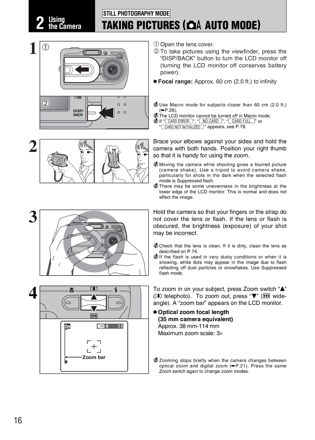 FujiFilm FinePix A330, FinePix A340 owner manual Taking Pictures aAUTO Mode, Zoom bar 