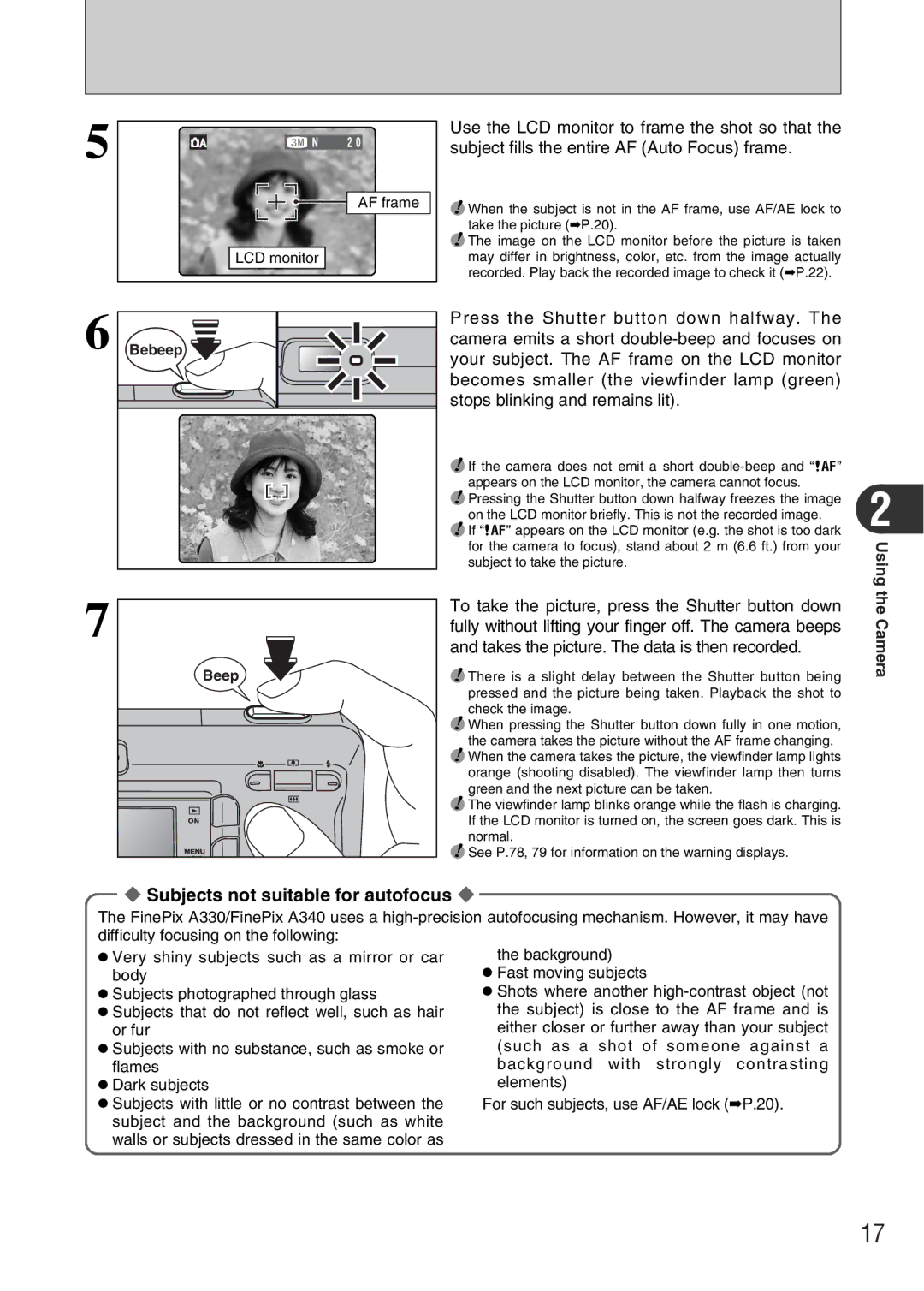 FujiFilm FinePix A340, FinePix A330 owner manual Subjects not suitable for autofocus 