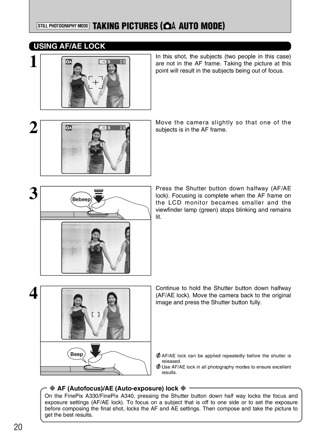 FujiFilm FinePix A330, FinePix A340 owner manual Using AF/AE Lock, AF Autofocus/AE Auto-exposure lock 