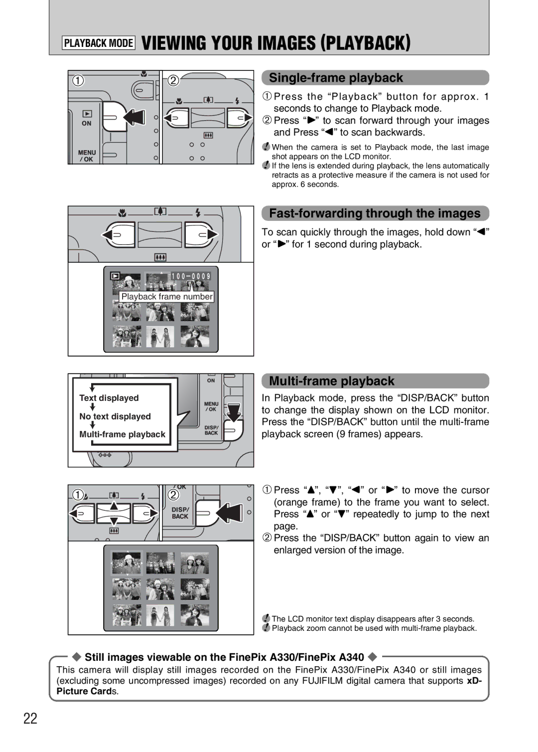 FujiFilm FinePix A330, FinePix A340 Single-frame playback, Fast-forwarding through the images, Multi-frame playback 