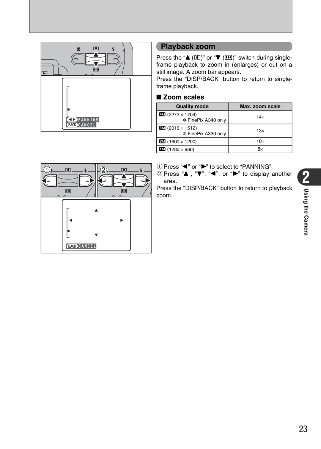 FujiFilm FinePix A340, FinePix A330 owner manual Playback zoom, Zoom scales, Quality mode Max. zoom scale, Using the Camera 