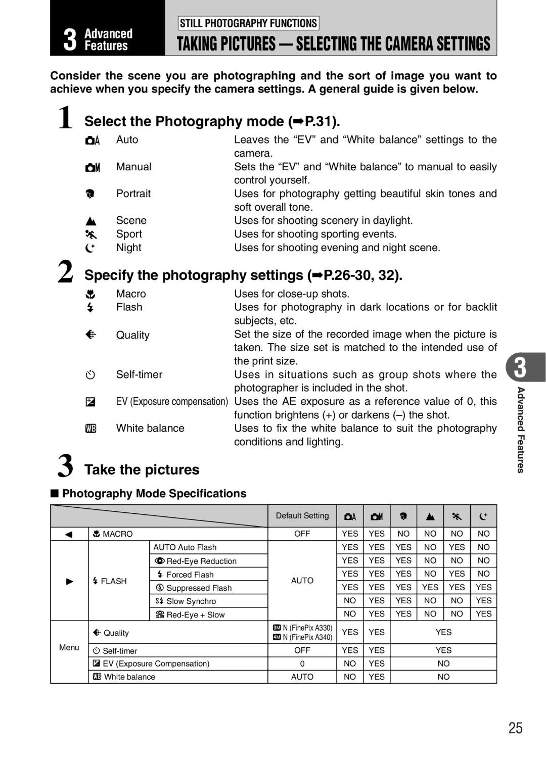 FujiFilm FinePix A340 owner manual Photography Mode Specifications, Set the size of the recorded image when the picture is 