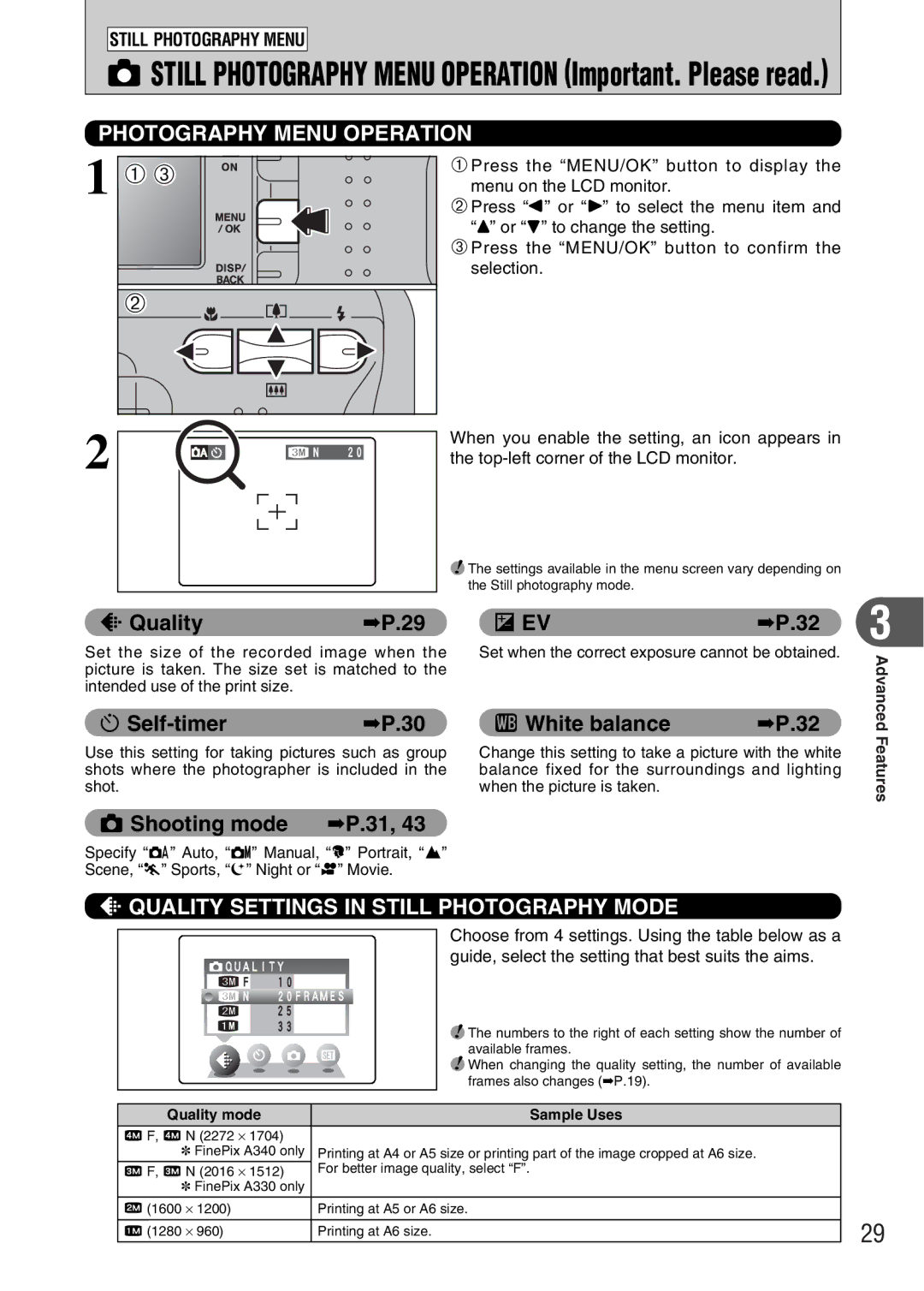 FujiFilm FinePix A340 Still Photography Menu Operation Important. Please read, Quality, Self-timer White balance 