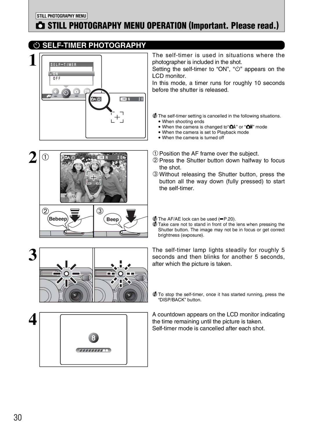 FujiFilm FinePix A330, FinePix A340 Still Photography Menu Operation Important. Please read, SELF-TIMER Photography 