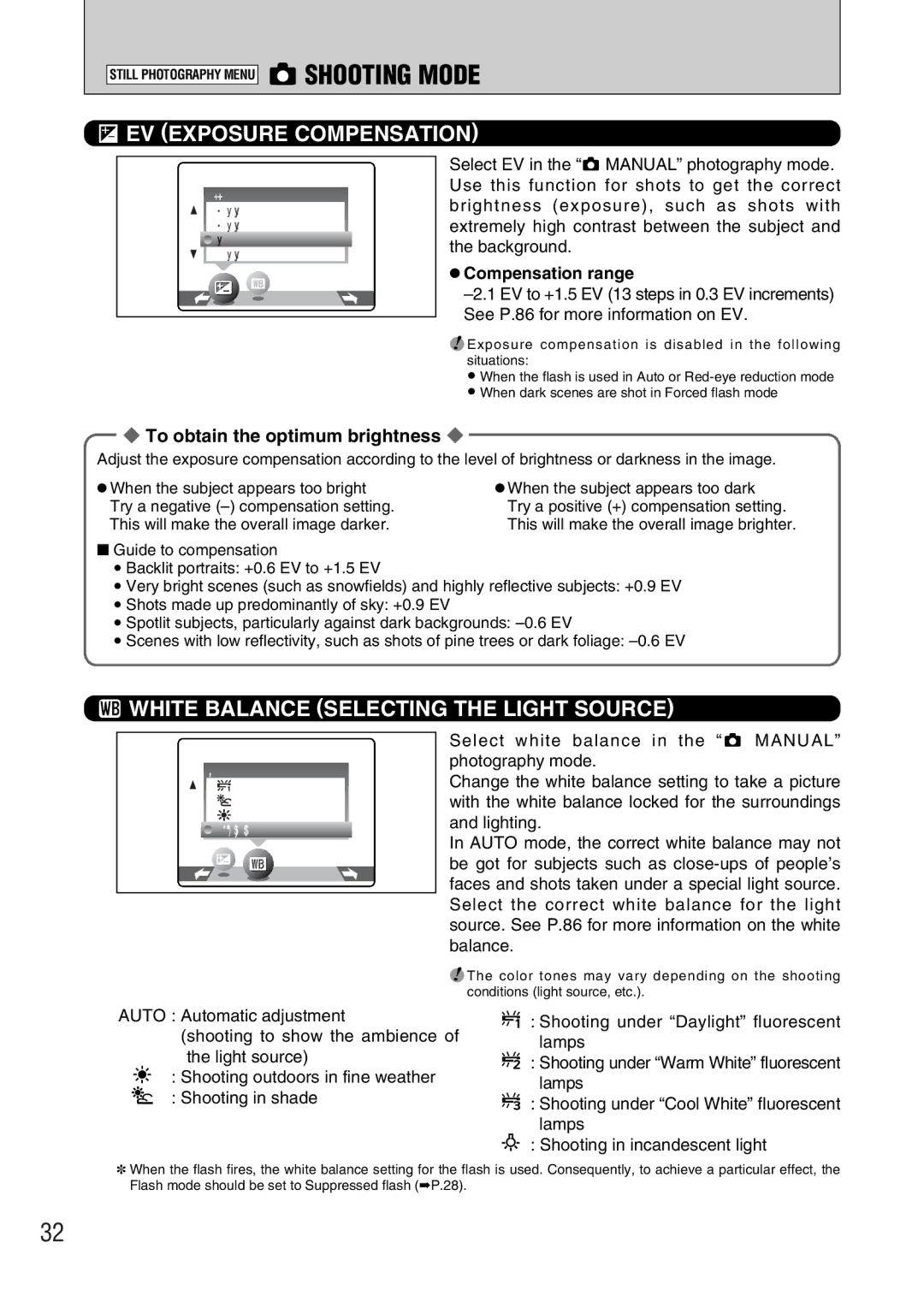 FujiFilm FinePix A330, FinePix A340 Shooting Mode, EV Exposure Compensation, White Balance Selecting the Light Source 