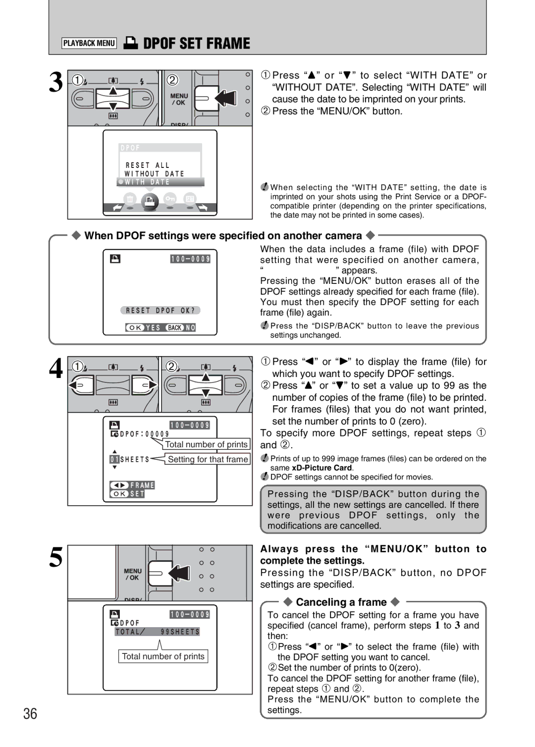 FujiFilm FinePix A330, FinePix A340 Dpof SET Frame, When Dpof settings were specified on another camera, Canceling a frame 