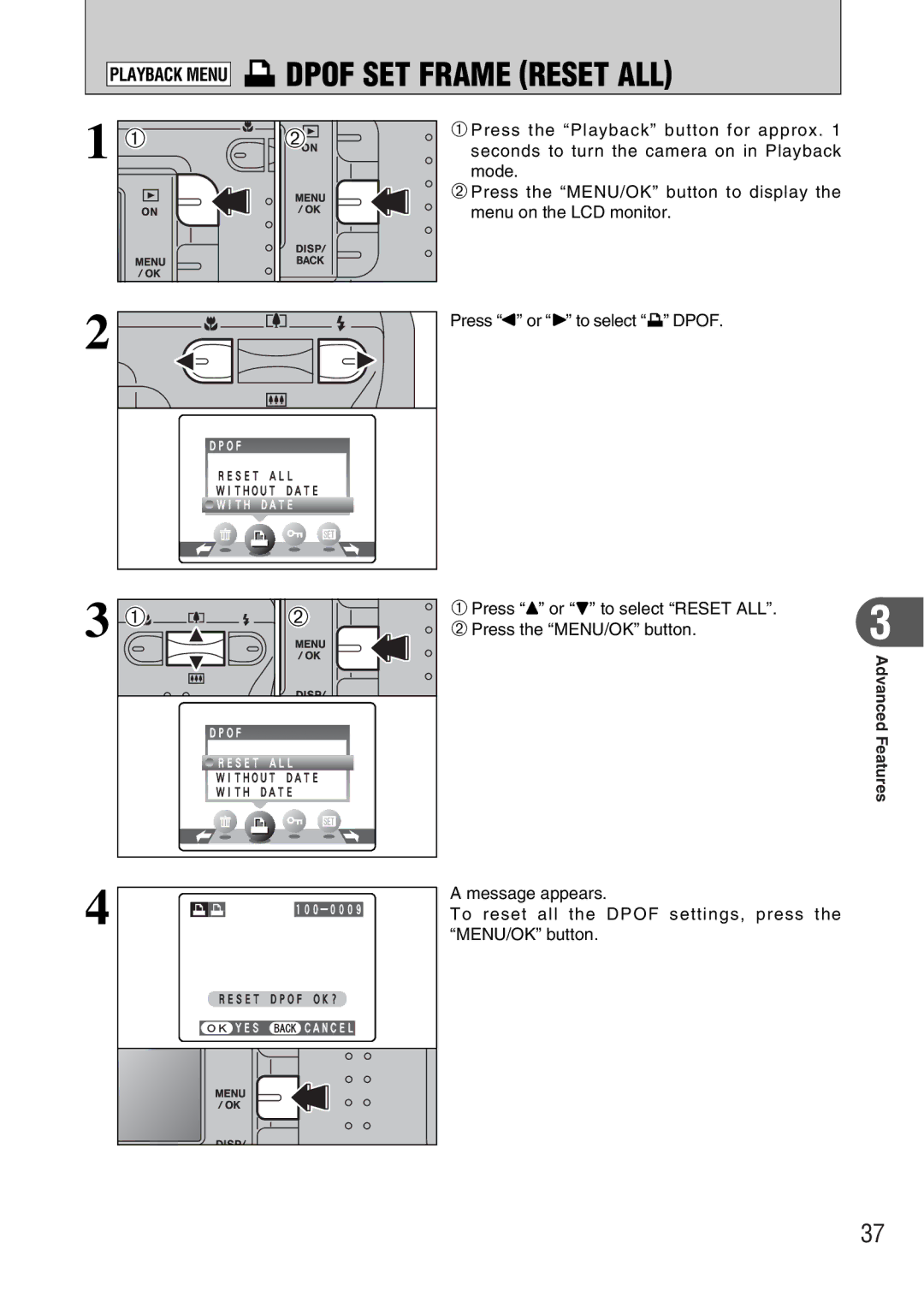 FujiFilm FinePix A340, FinePix A330 owner manual Playback Menu uDPOF SET Frame Reset ALL 