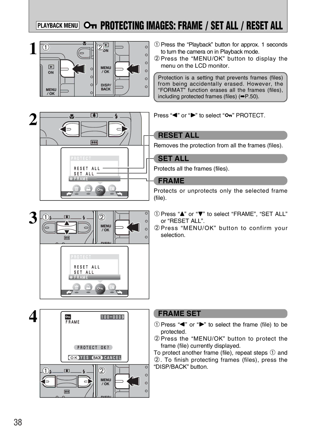 FujiFilm FinePix A330, FinePix A340 IPROTECTING Images Frame / SET ALL / Reset ALL, Press d or c to select i Protect 