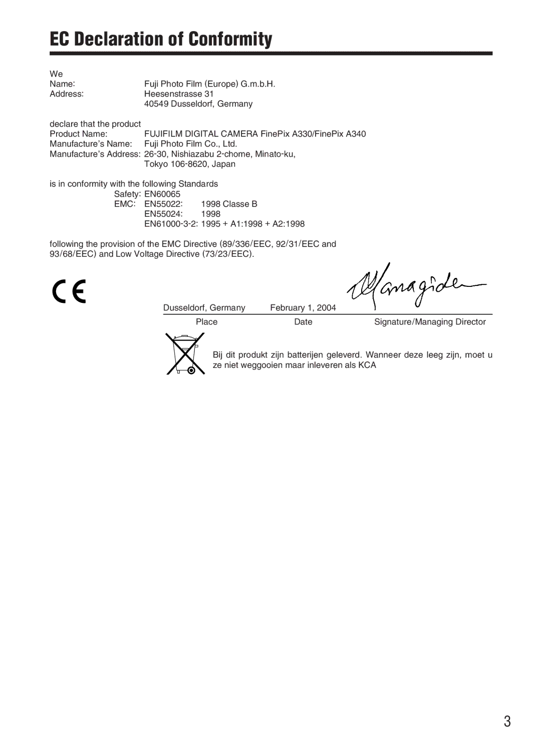 FujiFilm FinePix A340, FinePix A330 owner manual EC Declaration of Conformity, Emc 