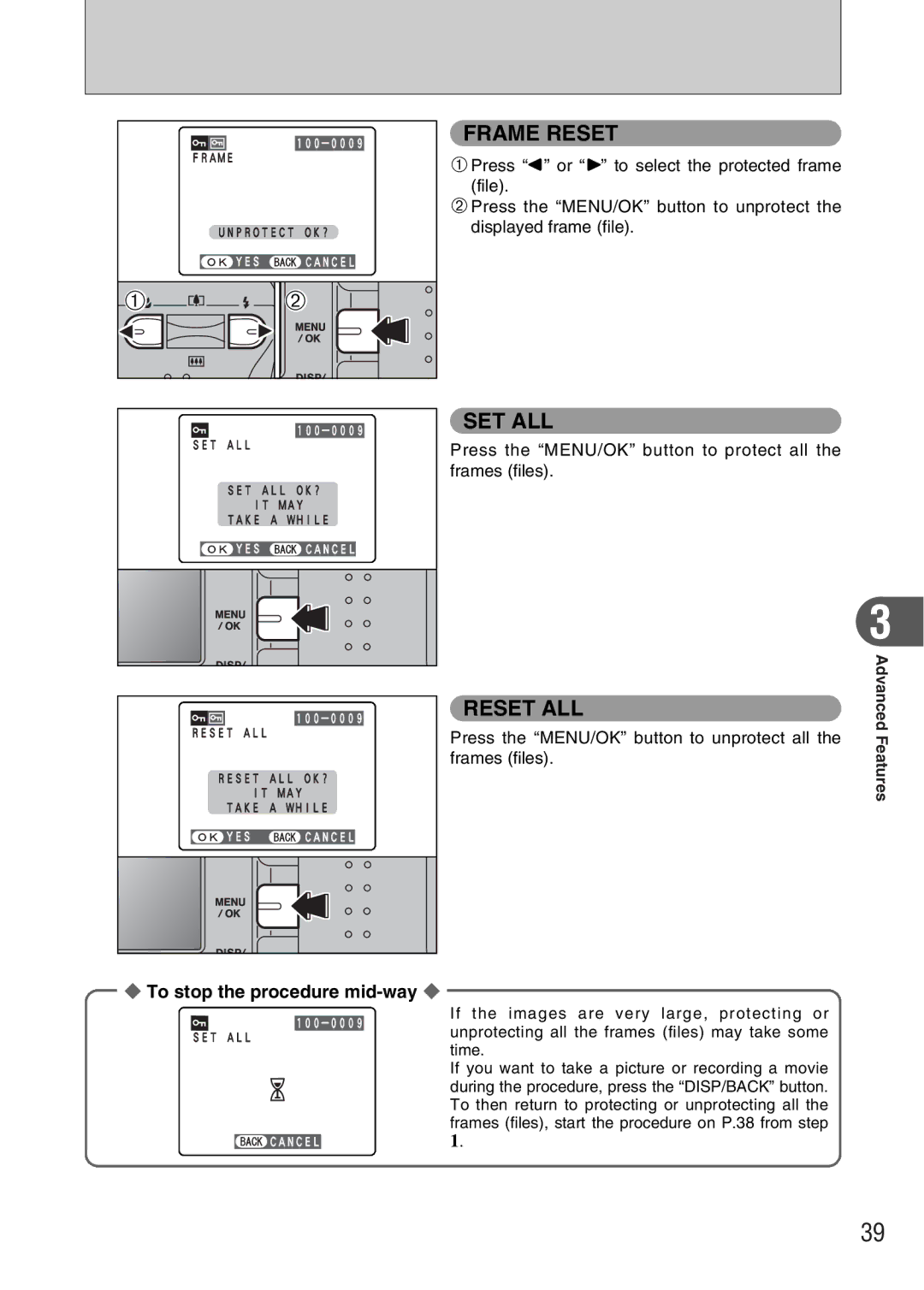 FujiFilm FinePix A340, FinePix A330 owner manual Press the MENU/OK button to protect all the frames files 