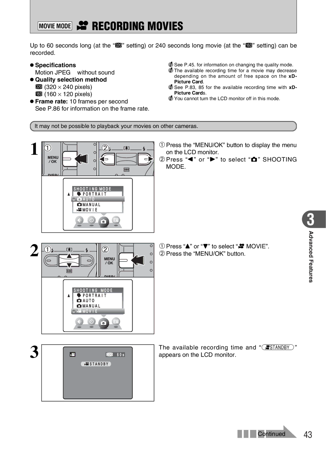 FujiFilm FinePix A340, FinePix A330 owner manual Movie Mode rRECORDING Movies, Specifications 