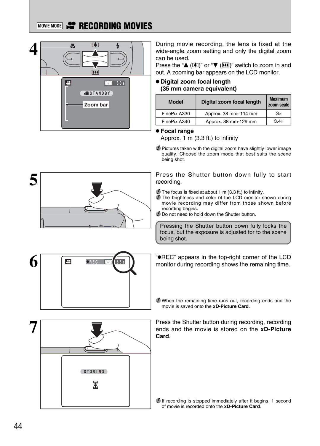 FujiFilm FinePix A330 owner manual Recording Movies, HDigital zoom focal length 35 mm camera equivalent, HFocal range, Card 