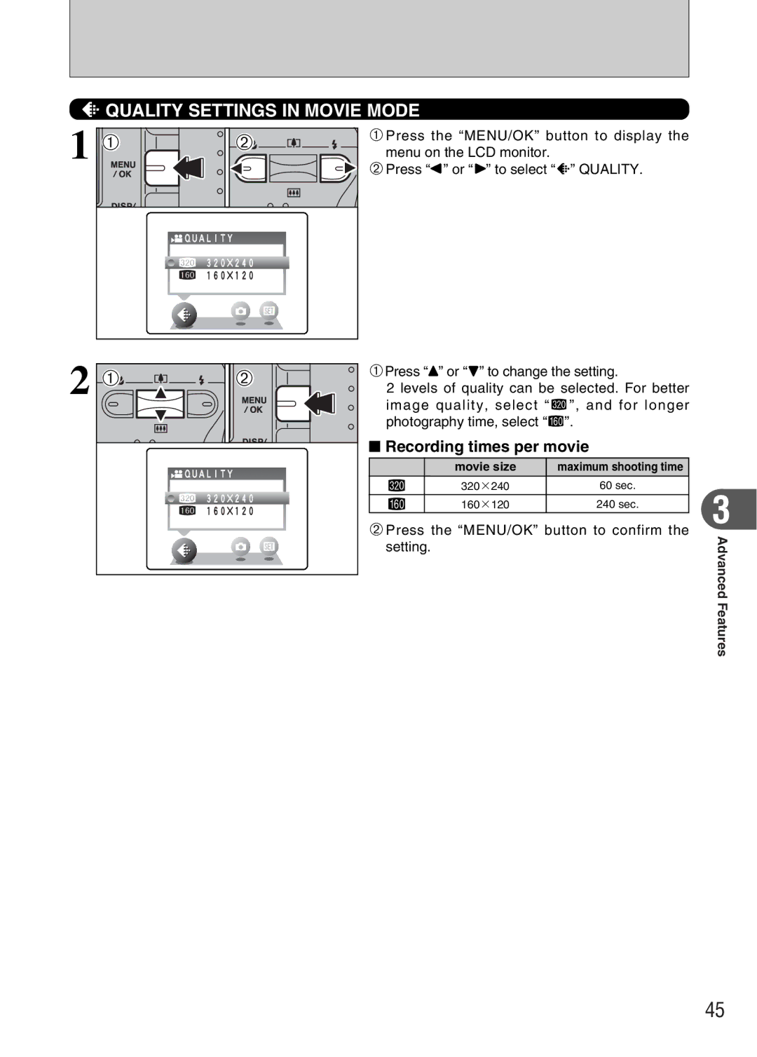 FujiFilm FinePix A340 owner manual Recording times per movie, 2Press the MENU/OK button to confirm the setting, Movie size 