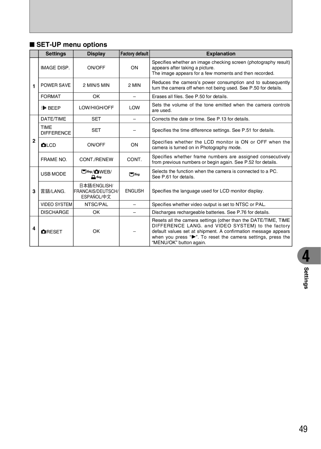 FujiFilm FinePix A340, FinePix A330 owner manual SET-UP menu options, Settings Display 