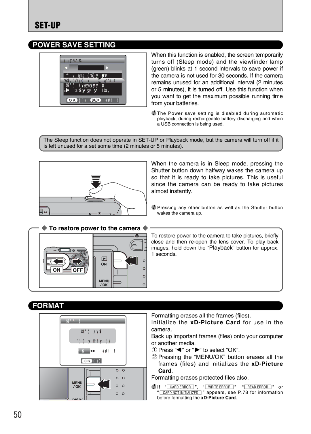 FujiFilm FinePix A330, FinePix A340 owner manual Power Save Setting, Format, To restore power to the camera 