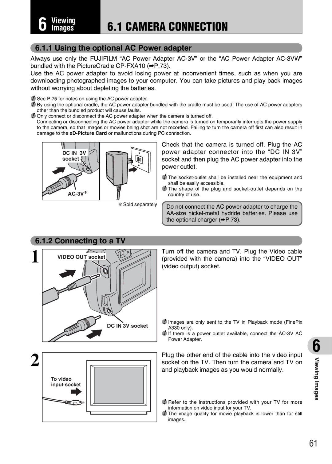 FujiFilm FinePix A340, FinePix A330 owner manual Using the optional AC Power adapter, Connecting to a TV 