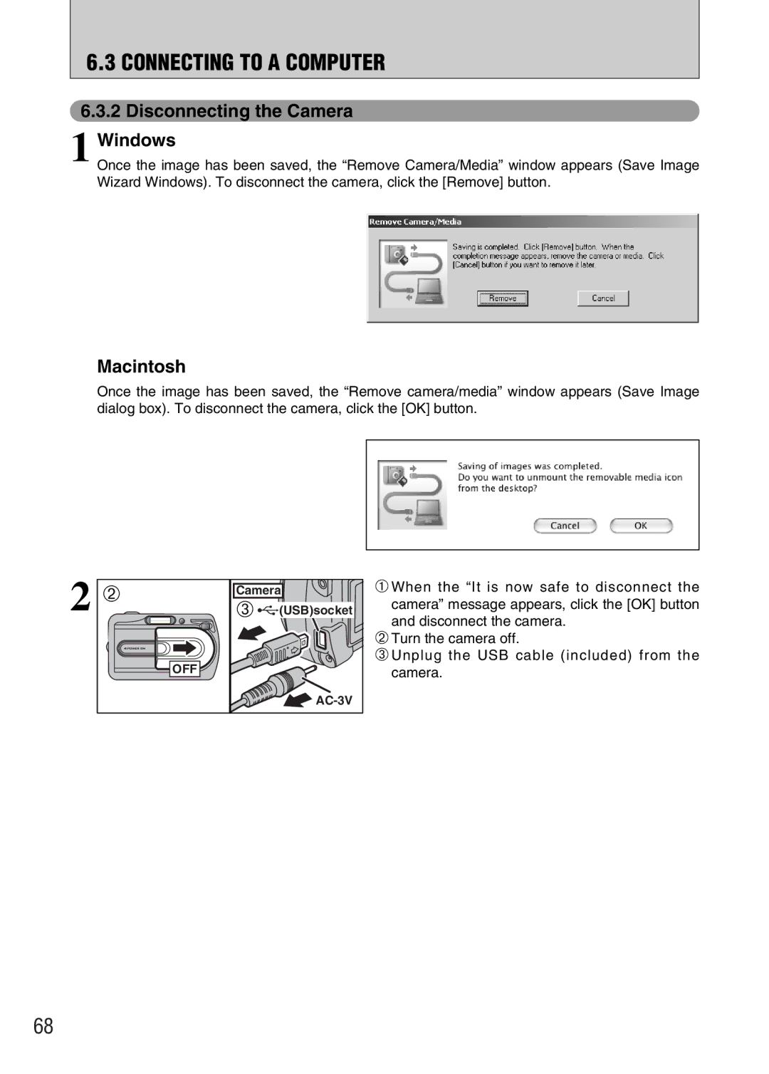 FujiFilm FinePix A330, FinePix A340 owner manual Disconnecting the Camera Windows, Macintosh 