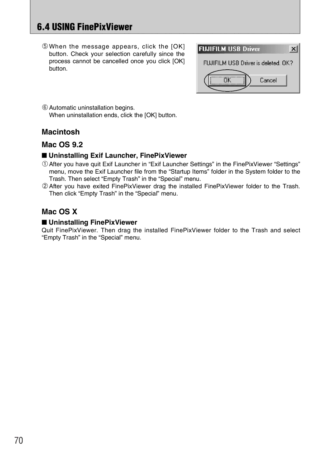 FujiFilm FinePix A330, FinePix A340 Using FinePixViewer, Macintosh Mac OS, Uninstalling Exif Launcher, FinePixViewer 