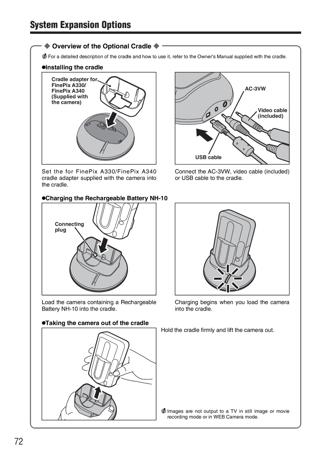 FujiFilm FinePix A330 Overview of the Optional Cradle, HInstalling the cradle, HCharging the Rechargeable Battery NH-10 