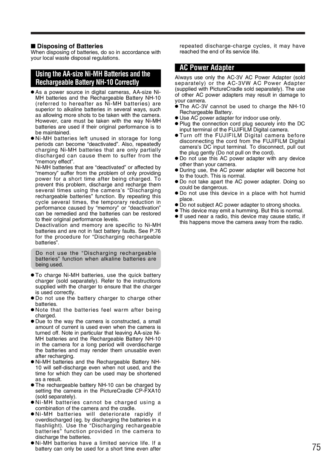 FujiFilm FinePix A340, FinePix A330 owner manual AC Power Adapter, Disposing of Batteries 