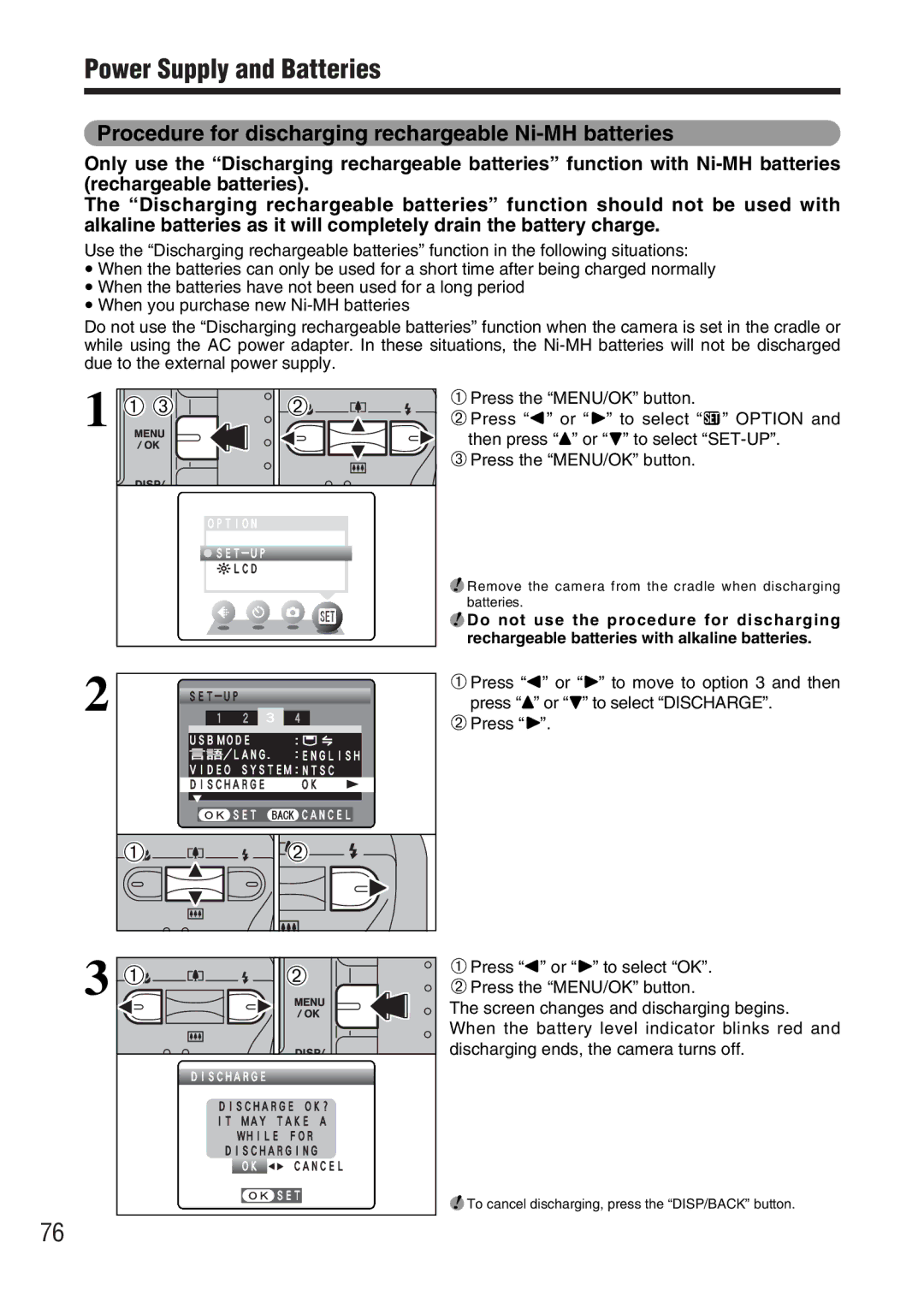 FujiFilm FinePix A330, FinePix A340 Power Supply and Batteries, Procedure for discharging rechargeable Ni-MH batteries 