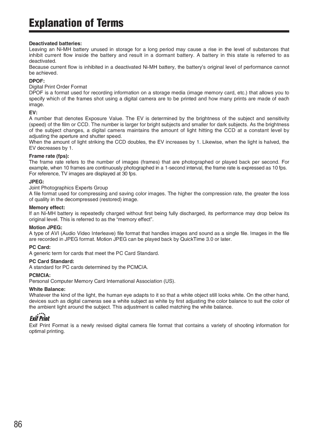 FujiFilm FinePix A330, FinePix A340 owner manual Explanation of Terms, Deactivated batteries 