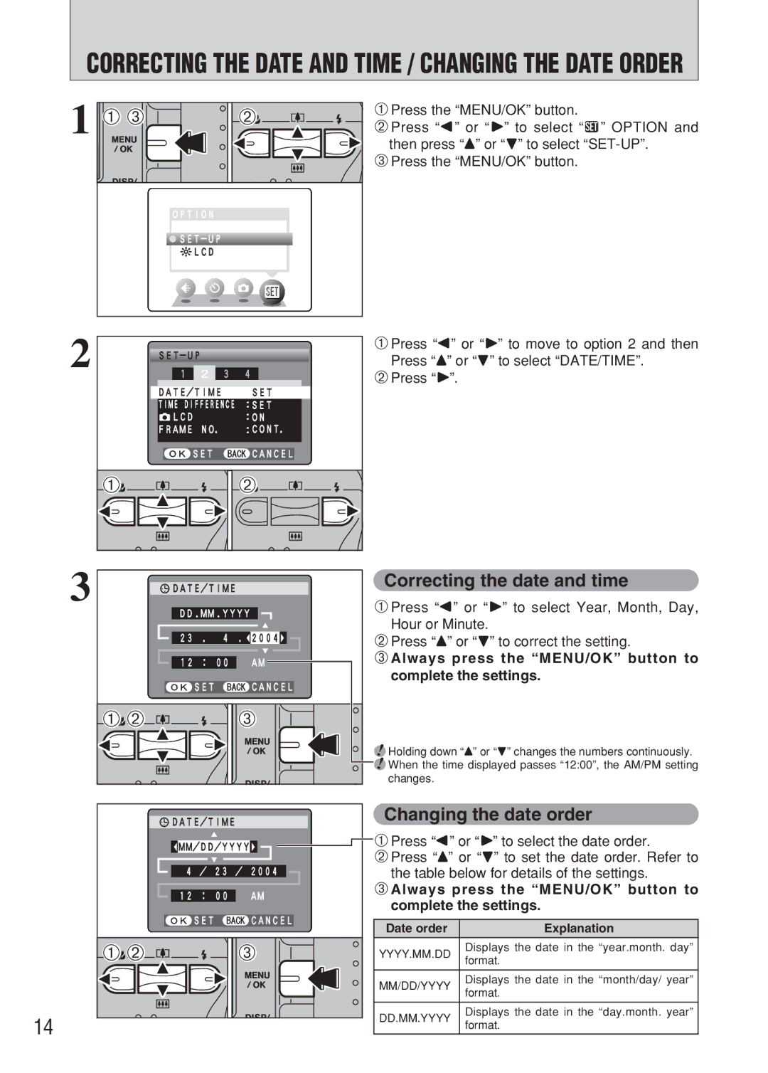 FujiFilm FinePix A607 owner manual Correcting the date and time, Changing the date order 