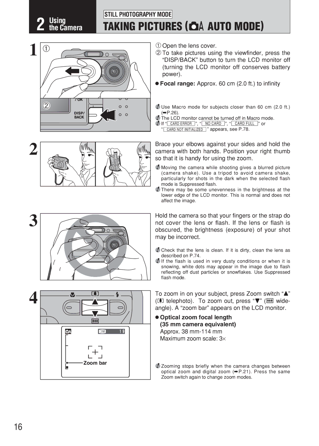 FujiFilm FinePix A607 owner manual Taking Pictures aAUTO Mode, Zoom bar 