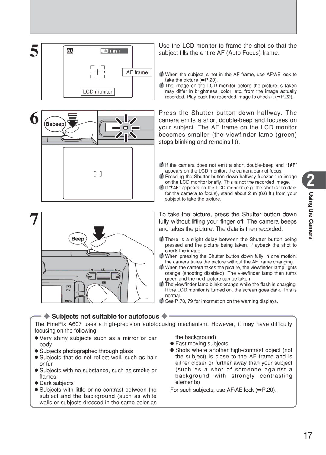 FujiFilm FinePix A607 owner manual Subjects not suitable for autofocus, Bebeep, Beep, Using the Camera 