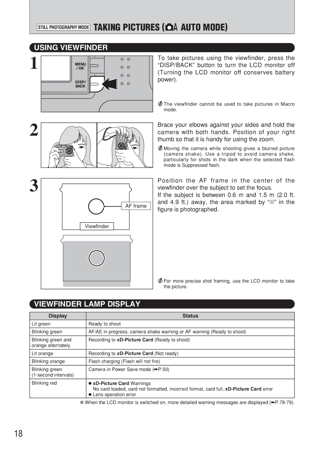 FujiFilm FinePix A607 owner manual Taking Pictures aAUTO Mode, Using Viewfinder, Viewfinder Lamp Display, Display Status 