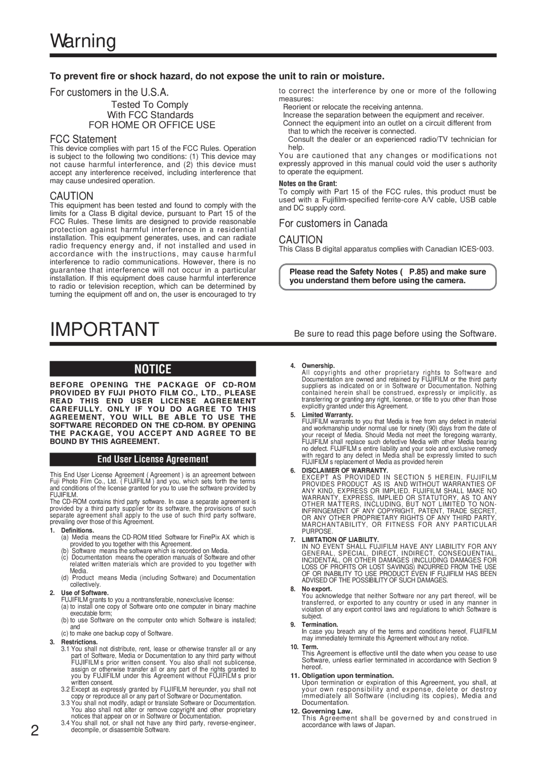 FujiFilm FinePix A607 owner manual For customers in the U.S.A, FCC Statement, For customers in Canada 