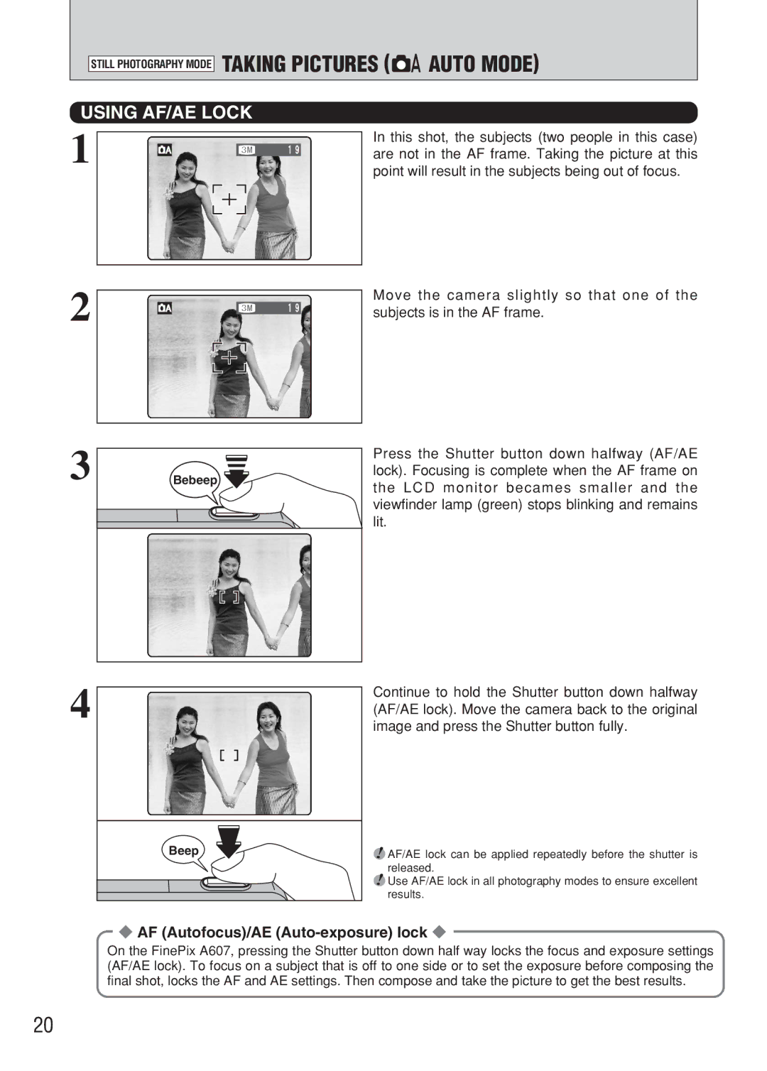 FujiFilm FinePix A607 owner manual Using AF/AE Lock, AF Autofocus/AE Auto-exposure lock 