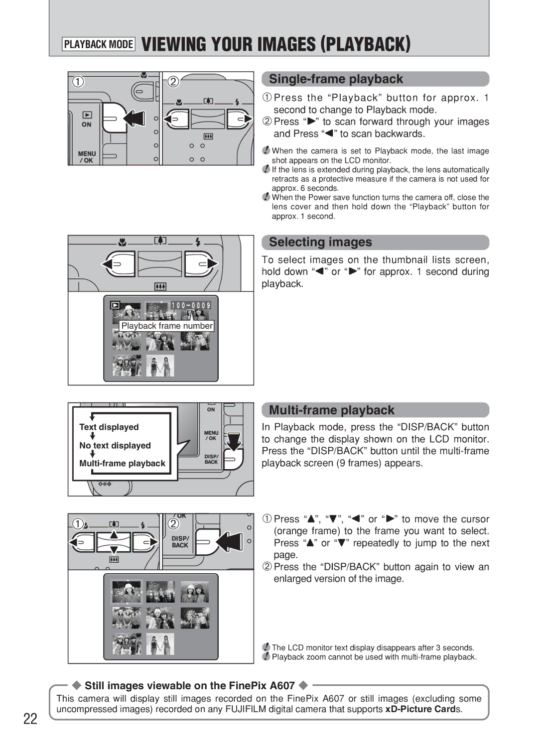 FujiFilm FinePix A607 Single-frame playback, Selecting images, Multi-frame playback, Text displayed No text displayed 