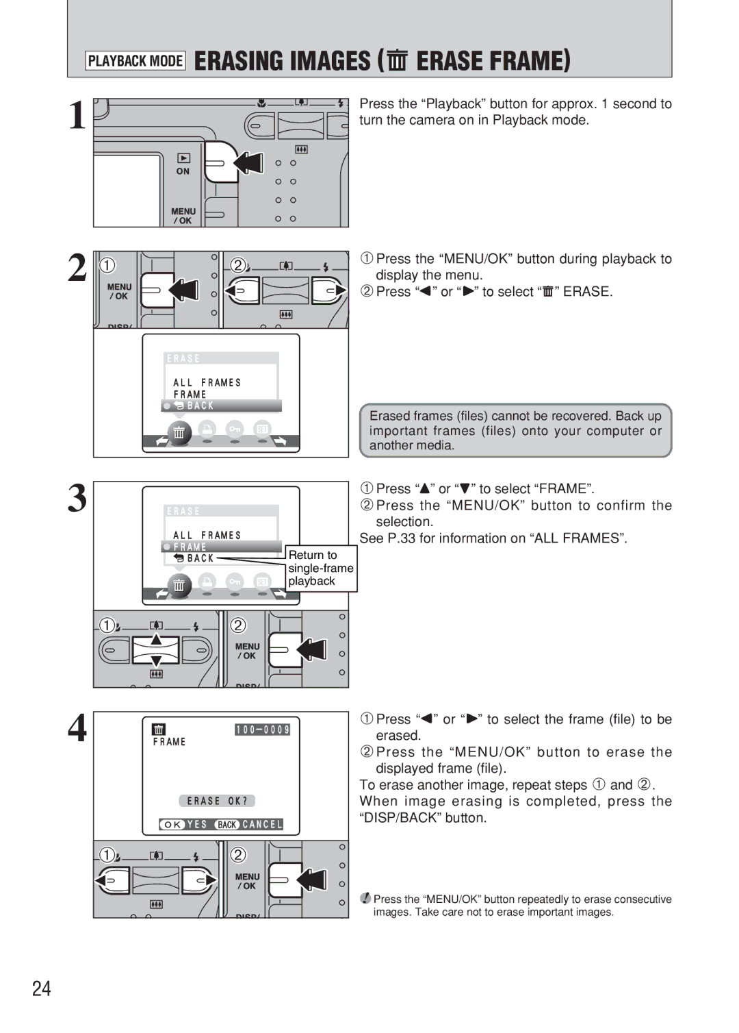 FujiFilm FinePix A607 Turn the camera on in Playback mode, 1Press the MENU/OK button during playback to, Display the menu 